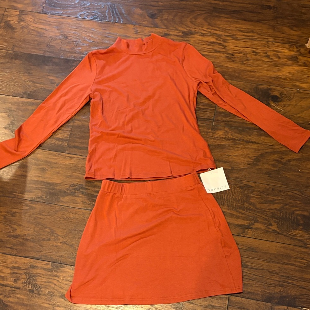 Tous Rust brick red Knit Two-Piece Skirt and Long Sleeve mock neck Top NWT